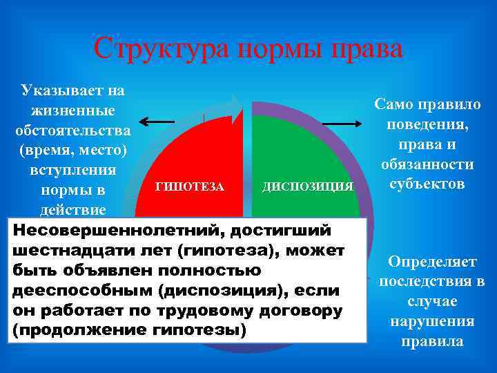 Структура нормы права Указывает на жизненные обстоятельства (время, место) вступления ГИПОТЕЗА ДИСПОЗИЦИЯ нормы в