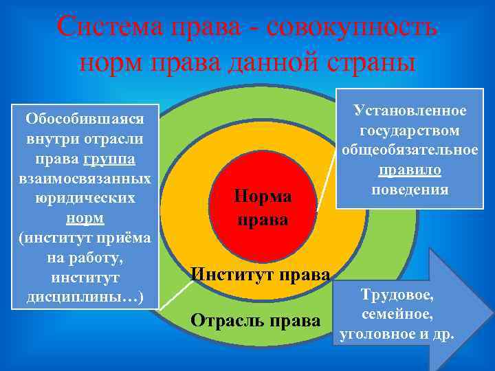 Система права - совокупность норм права данной страны Обособившаяся внутри отрасли права группа взаимосвязанных