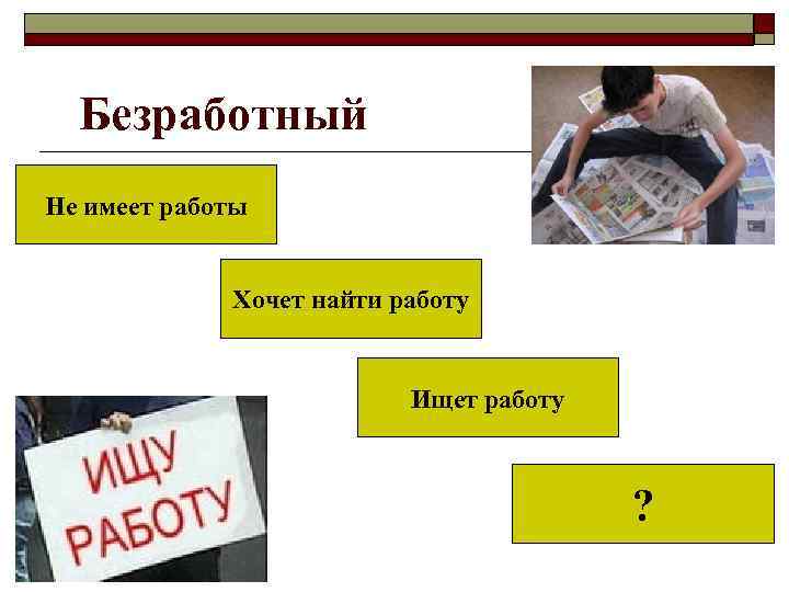 Безработный Не имеет работы Хочет найти работу Ищет работу ? 