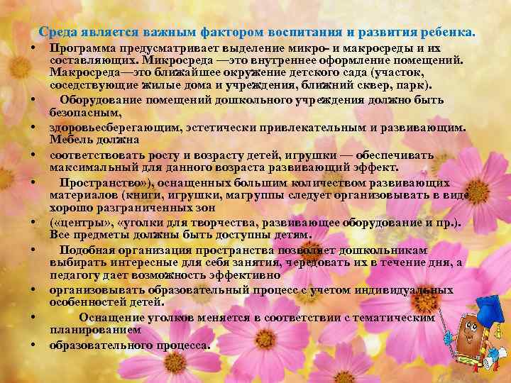 Среда является важным фактором воспитания и развития ребенка. • • • Программа предусматривает выделение