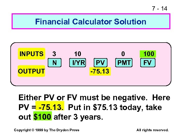 7 - 14 Financial Calculator Solution INPUTS 3 N 10 I/YR OUTPUT PV -75.