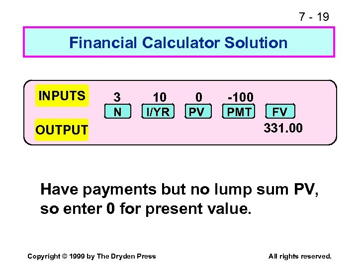 7 - 19 Financial Calculator Solution INPUTS 3 10 0 -100 N I/YR PV