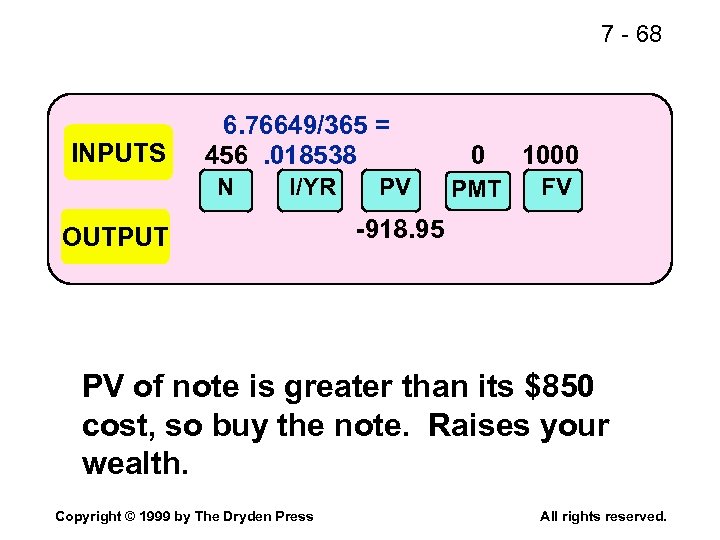 7 - 68 INPUTS 6. 76649/365 = 456. 018538 N I/YR OUTPUT PV 0