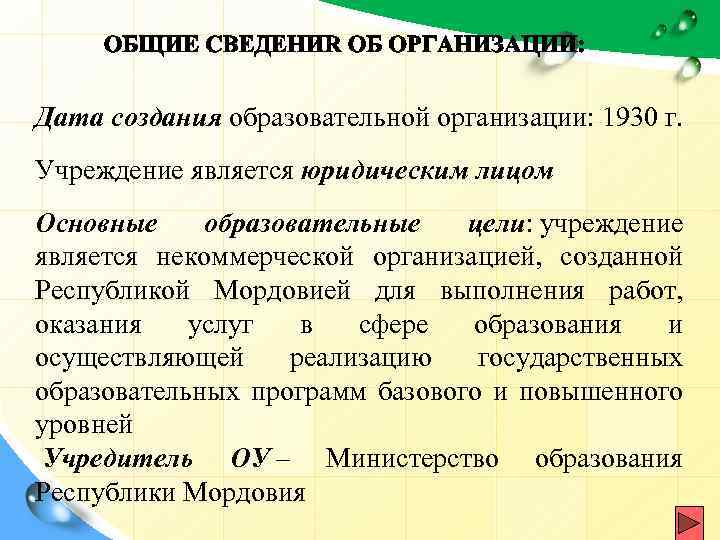 Дата создания образовательной организации: 1930 г. Учреждение является юридическим лицом Основные образовательные цели: учреждение