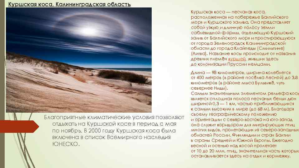 Куршская коса, Калининградская область Куршская коса — песчаная коса, расположенная на побережье Балтийского моря