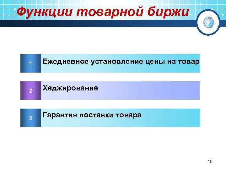Функции товарной биржи 1 Ежедневное установление цены на товар 2 Хеджирование 3 Гарантия поставки