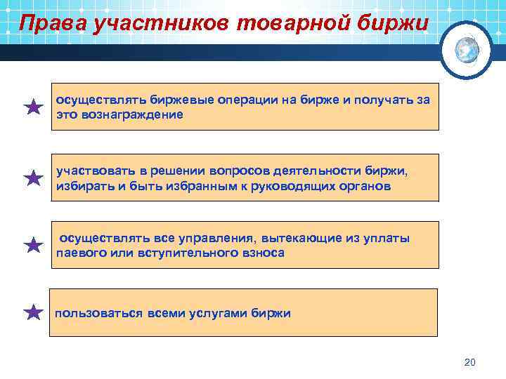 Права участников товарной биржи осуществлять биржевые операции на бирже и получать за это вознаграждение