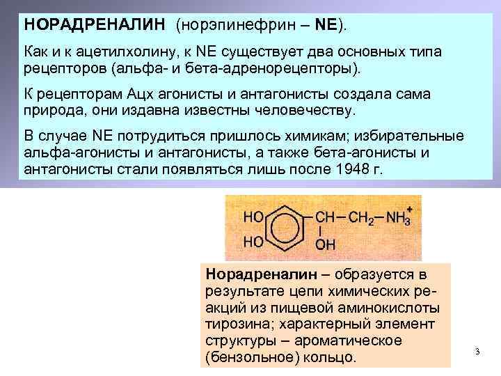 НОРАДРЕНАЛИН (норэпинефрин – NE). Как и к ацетилхолину, к NЕ существует два основных типа