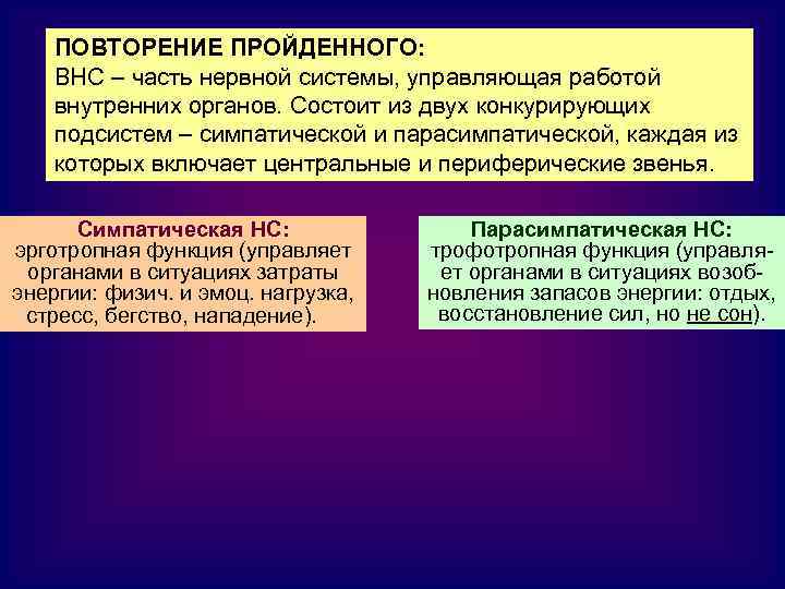 ПОВТОРЕНИЕ ПРОЙДЕННОГО: ВНС – часть нервной системы, управляющая работой внутренних органов. Состоит из двух