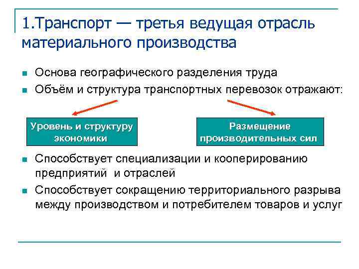 1. Транспорт — третья ведущая отрасль материального производства n n Основа географического разделения труда