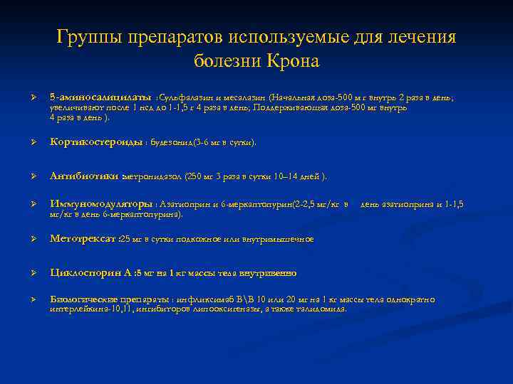 Группы препаратов используемые для лечения болезни Крона Ø 5 -аминосалицилаты : Сульфалазин и месалазин