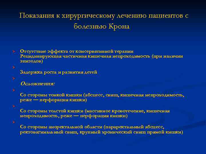 Показания к хирургическому лечению пациентов с болезнью Крона Ø Ø Ø Отсутствие эффекта от