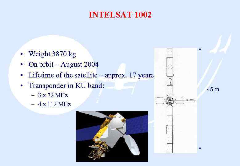 INTELSAT 1002 • • Weight 3870 kg On orbit – August 2004 Lifetime of