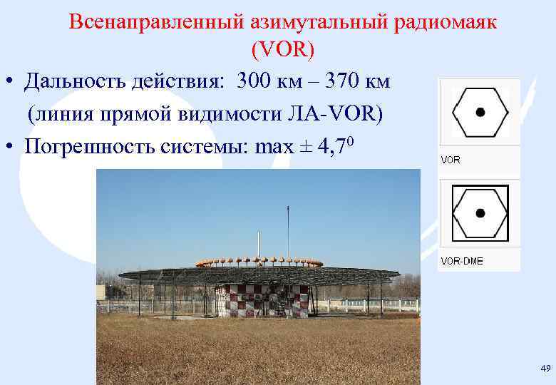 Всенаправленный азимутальный радиомаяк (VOR) • Дальность действия: 300 км – 370 км (линия прямой