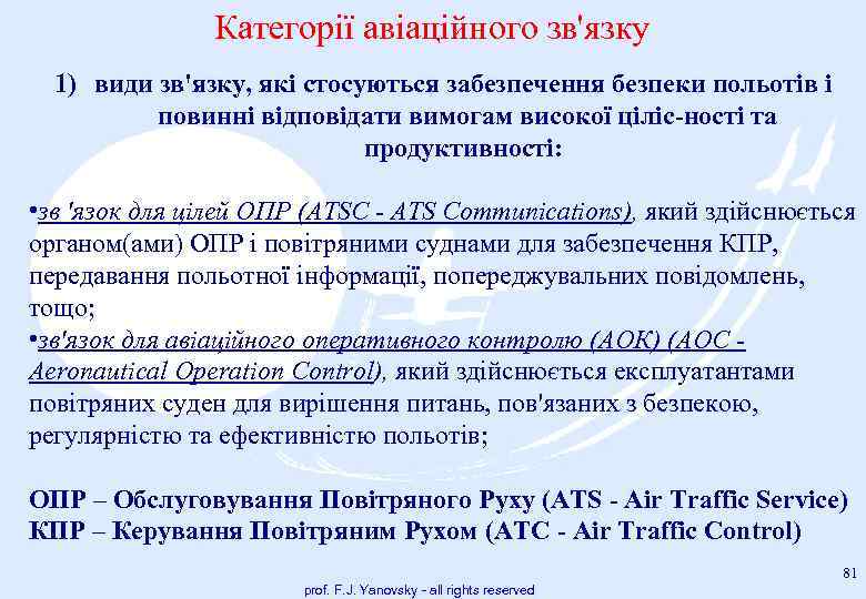 Категорії авіаційного зв'язку 1) види зв'язку, які стосуються забезпечення безпеки польотів і повинні відповідати