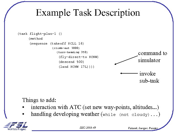 Example Task Description (task flight-plan-1 () (method (sequence (takeoff KCLL 16) (climb-out 3000) (turn-heading