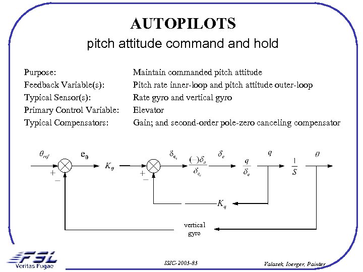 AUTOPILOTS pitch attitude command hold Purpose: Feedback Variable(s): Typical Sensor(s): Primary Control Variable: Typical