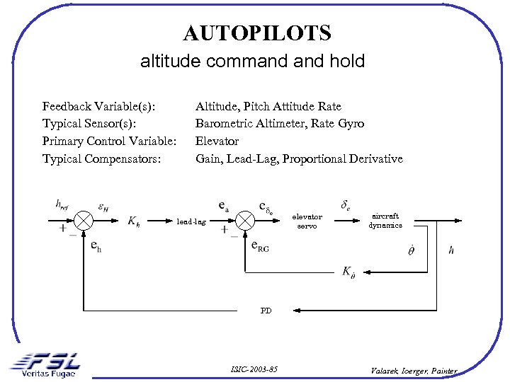 AUTOPILOTS altitude command hold Feedback Variable(s): Typical Sensor(s): Primary Control Variable: Typical Compensators: Altitude,