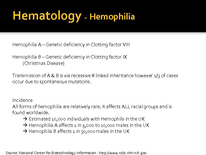 Hematology – Hemophilia A – Genetic deficiency in Clotting factor VIII Hemophilia B –