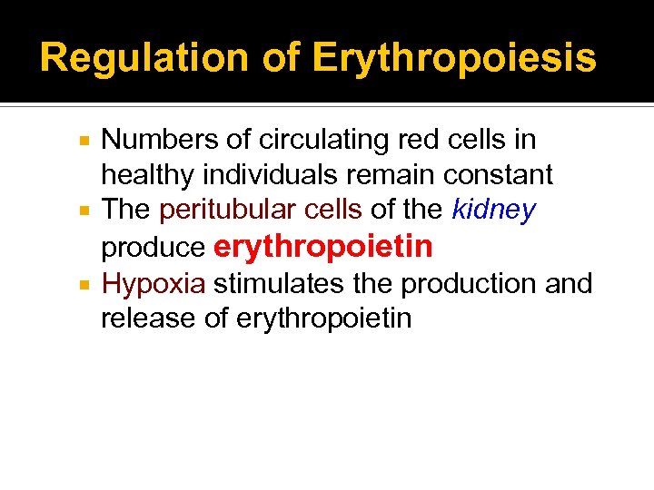 Regulation of Erythropoiesis Numbers of circulating red cells in healthy individuals remain constant The