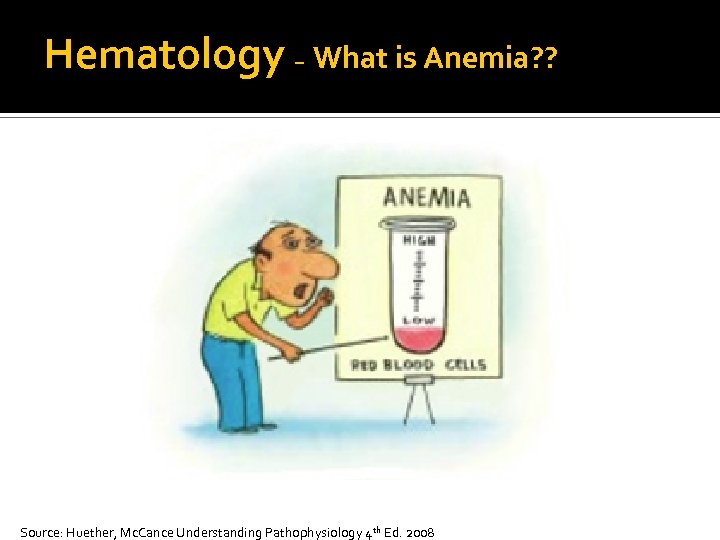 Hematology – What is Anemia? ? Source: Huether, Mc. Cance Understanding Pathophysiology 4 th