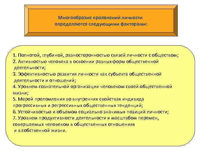 Многообразие проявлений личности определяются следующими факторами: 1. Полнотой, глубиной, разносторонностью связей личности с обществом;