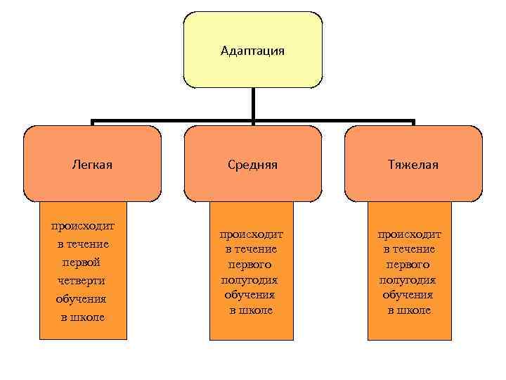 Адаптация Легкая происходит в течение первой четверти обучения в школе Средняя происходит в течение