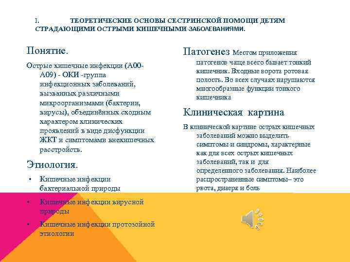 I. ТЕОРЕТИЧЕСКИЕ ОСНОВЫ СЕСТРИНСКОЙ ПОМОЩИ ДЕТЯМ СТРАДАЮЩИМИ ОСТРЫМИ КИШЕЧНЫМИ ЗАБОЛЕВАНИЯМИ. Понятие. Острые кишечные инфекции