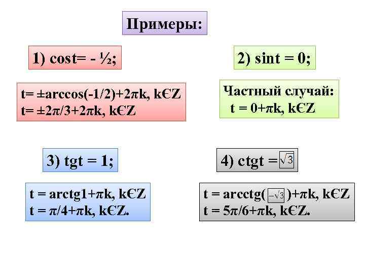 Примеры: 1) cost= - ½; t= ±arccos(-1/2)+2πk, kЄZ t= ± 2π/3+2πk, kЄZ 3) tgt