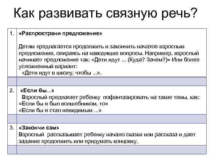 Как развивать связную речь? 1. «Распространи предложение» Детям предлагается продолжить и закончить начатое взрослым