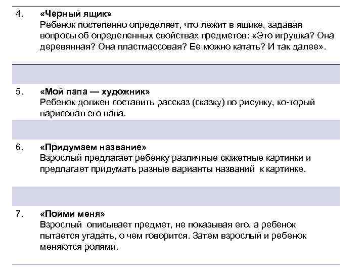 4. «Черный ящик» Ребенок постепенно определяет, что лежит в ящике, задавая вопросы об определенных