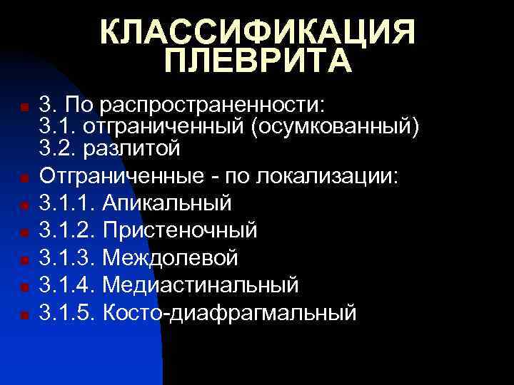 КЛАССИФИКАЦИЯ ПЛЕВРИТА n n n n 3. Пo распространенности: 3. 1. отграниченный (осумкованный) 3.