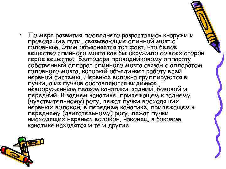  • По мере развития последнего разрастались кнаружи и проводящие пути, связывающие спинной мозг