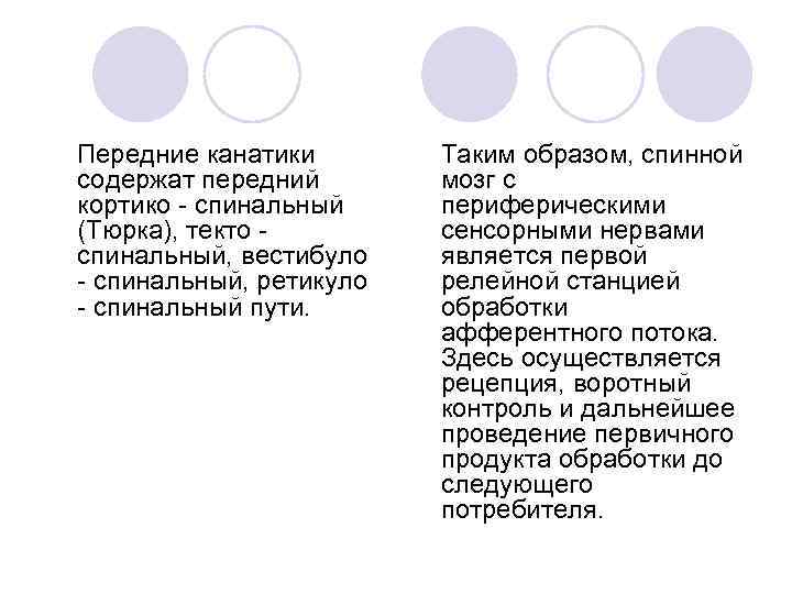 Передние канатики содержат передний кортико - спинальный (Тюрка), текто спинальный, вестибуло - спинальный, ретикуло