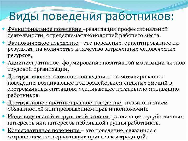 Виды поведения работников: Функциональное поведение –реализация профессиональной деятельности, определяемая технологией рабочего места, Экономическое поведение