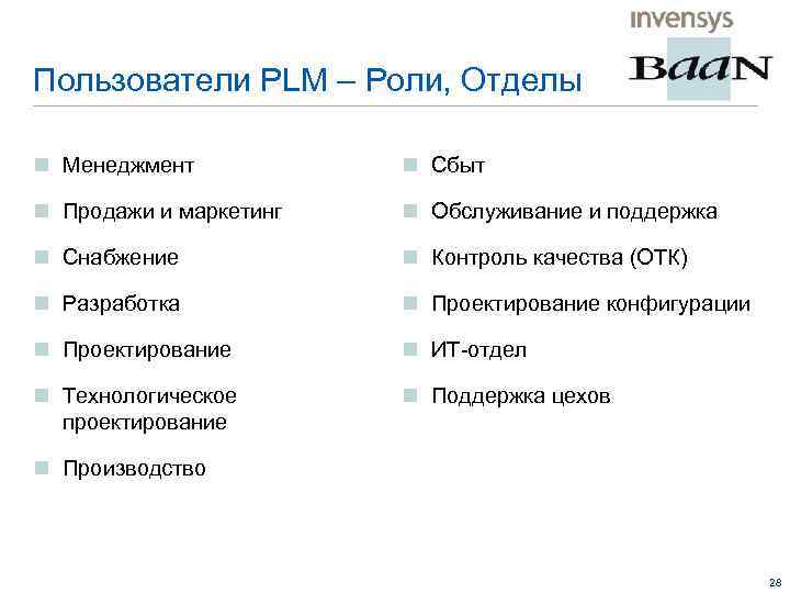 Пользователи PLM – Роли, Отделы n Менеджмент n Сбыт n Продажи и маркетинг n