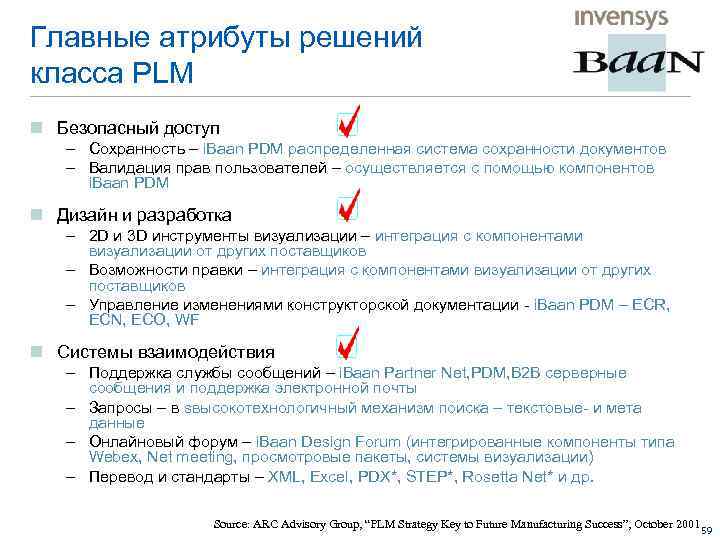 Главные атрибуты решений класса PLM n Безопасный доступ – Сохранность – i. Baan PDM