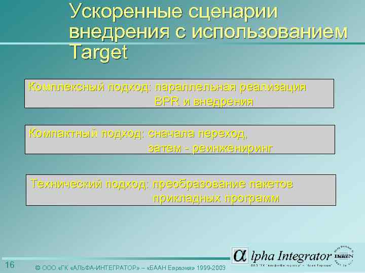 Ускоренные сценарии внедрения с использованием Target Комплексный подход: параллельная реализация BPR и внедрения Компактный