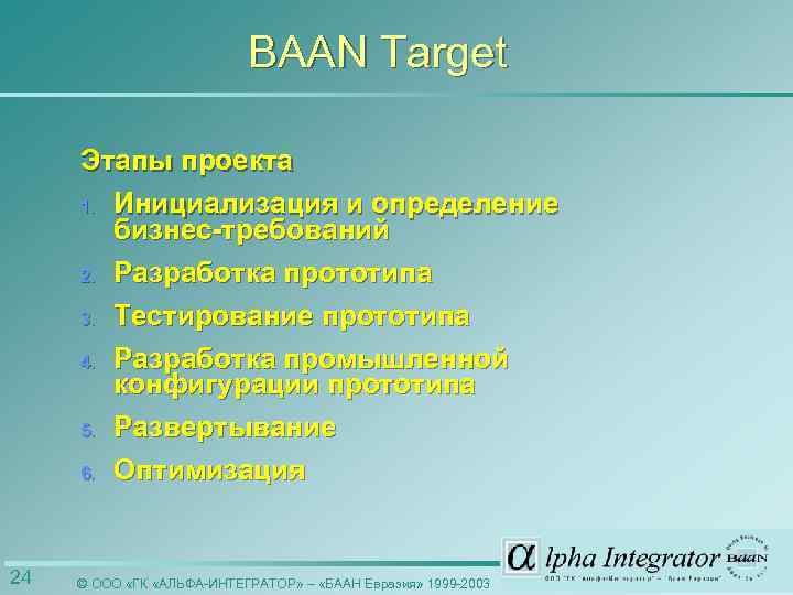 BAAN Target Этапы проекта 1. Инициализация и определение бизнес-требований 2. Разработка прототипа 3. Тестирование