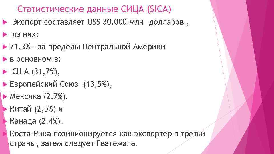 Статистические данные СИЦА (SICA) Экспорт составляет US$ 30. 000 млн. долларов , из них:
