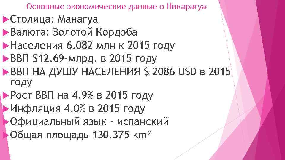Основные экономические данные о Никарагуа Столица: Манагуа Валюта: Золотой Кордоба Населения 6. 082 млн
