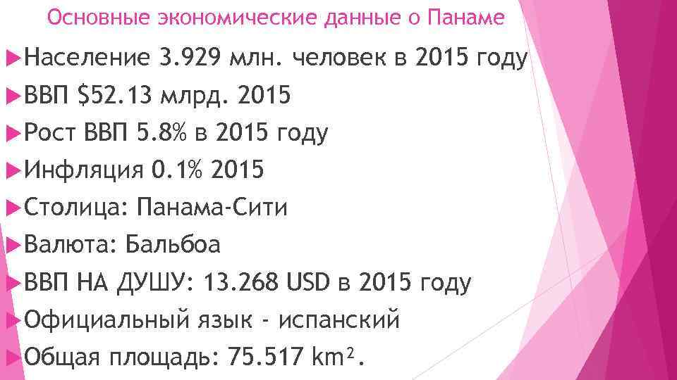 Основные экономические данные о Панаме Население 3. 929 млн. человек в 2015 году ВВП