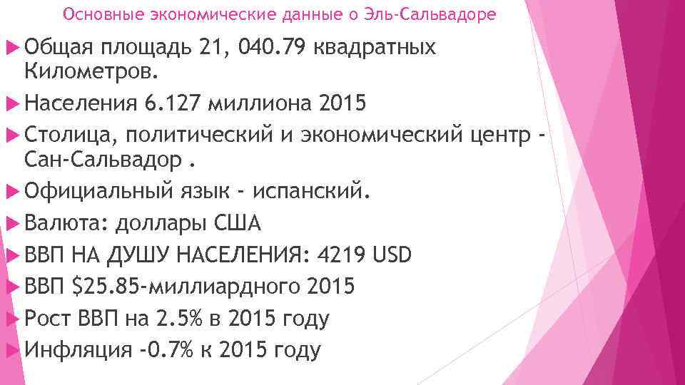 Основные экономические данные о Эль-Сальвадоре Общая площадь 21, 040. 79 квадратных Километров. Населения 6.