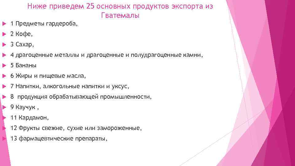 Ниже приведем 25 основных продуктов экспорта из Гватемалы 1 Предметы гардероба, 2 Кофе, 3