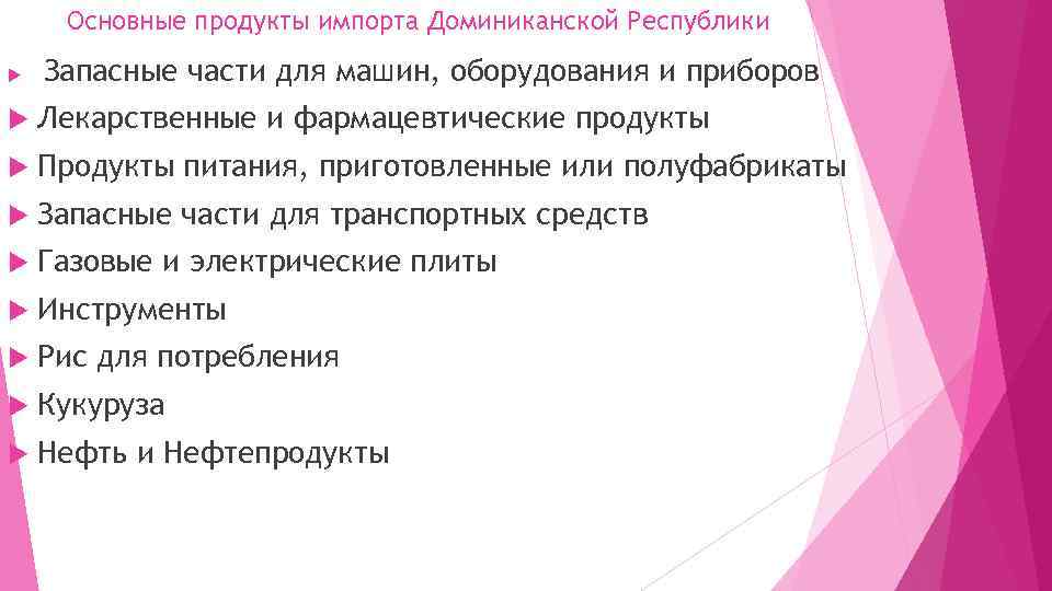 Основные продукты импорта Доминиканской Республики Запасные части для машин, оборудования и приборов Лекарственные и