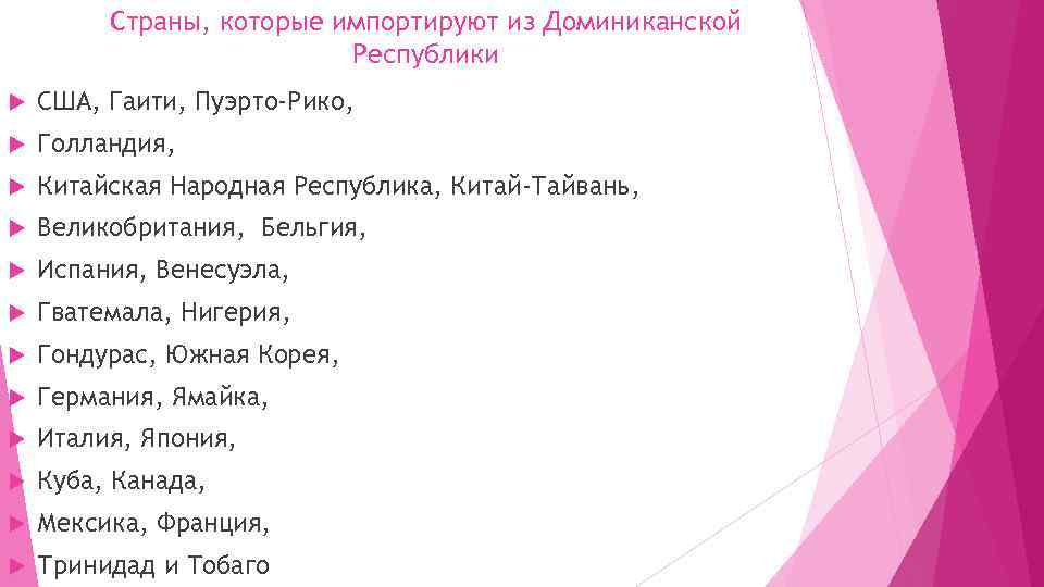 Страны, которые импортируют из Доминиканской Республики США, Гаити, Пуэрто-Рико, Голландия, Китайская Народная Республика, Китай-Тайвань,