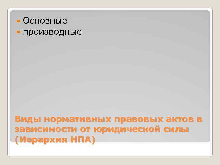 Основные производные Виды нормативных правовых актов в зависимости от юридической силы (Иерархия НПА) 