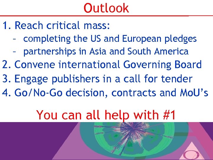 Outlook 1. Reach critical mass: – completing the US and European pledges – partnerships