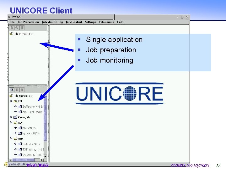UNICORE Client § Single application § Job preparation § Job monitoring Piotr Bała CGW