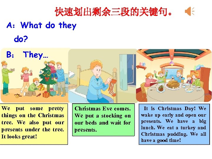 快速划出剩余三段的关键句。 A：What do they do? B： They… We put some pretty things on the